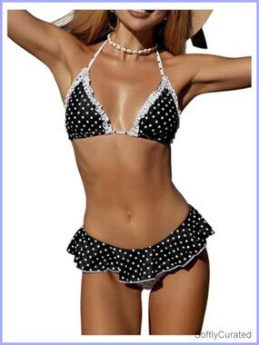 Polka Dots Ruffle Triangle 2 Piece Bikini Set Tie Backless Bathing Suit